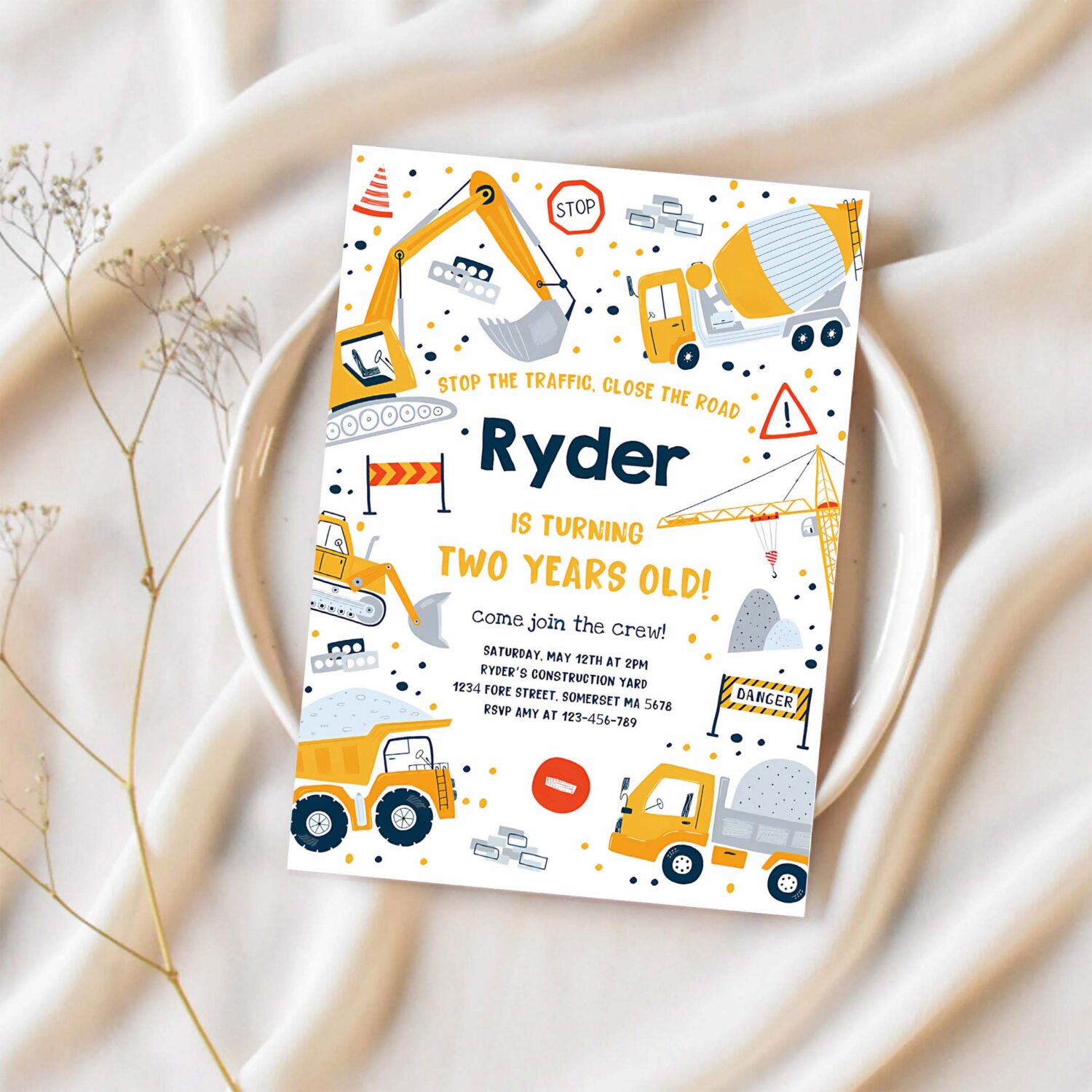 Editable construction birthday invitation dump truck birthday party digger excavator dumper construction site party instant download ac 1