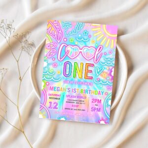 Editable cool one pool 1st birthday party invitation glow neon tie dye summer waterslide waterpark splash pad pool party instant download y3 1
