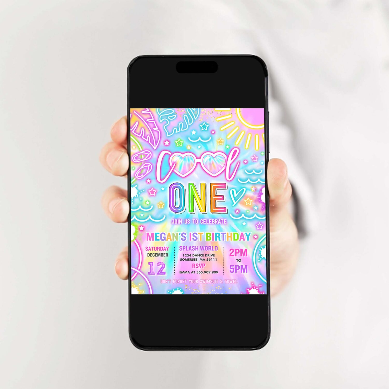 Editable cool one pool 1st birthday party invitation glow neon tie dye summer waterslide waterpark splash pad pool party instant download y3 2