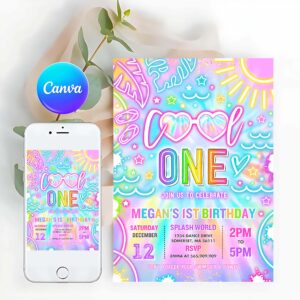 Pool Party Invitation, Cool One Pool 1st Birthday Party Invitation Glow Neon Tie Dye Summer Waterslide Waterpark Splash Pad Pool Party