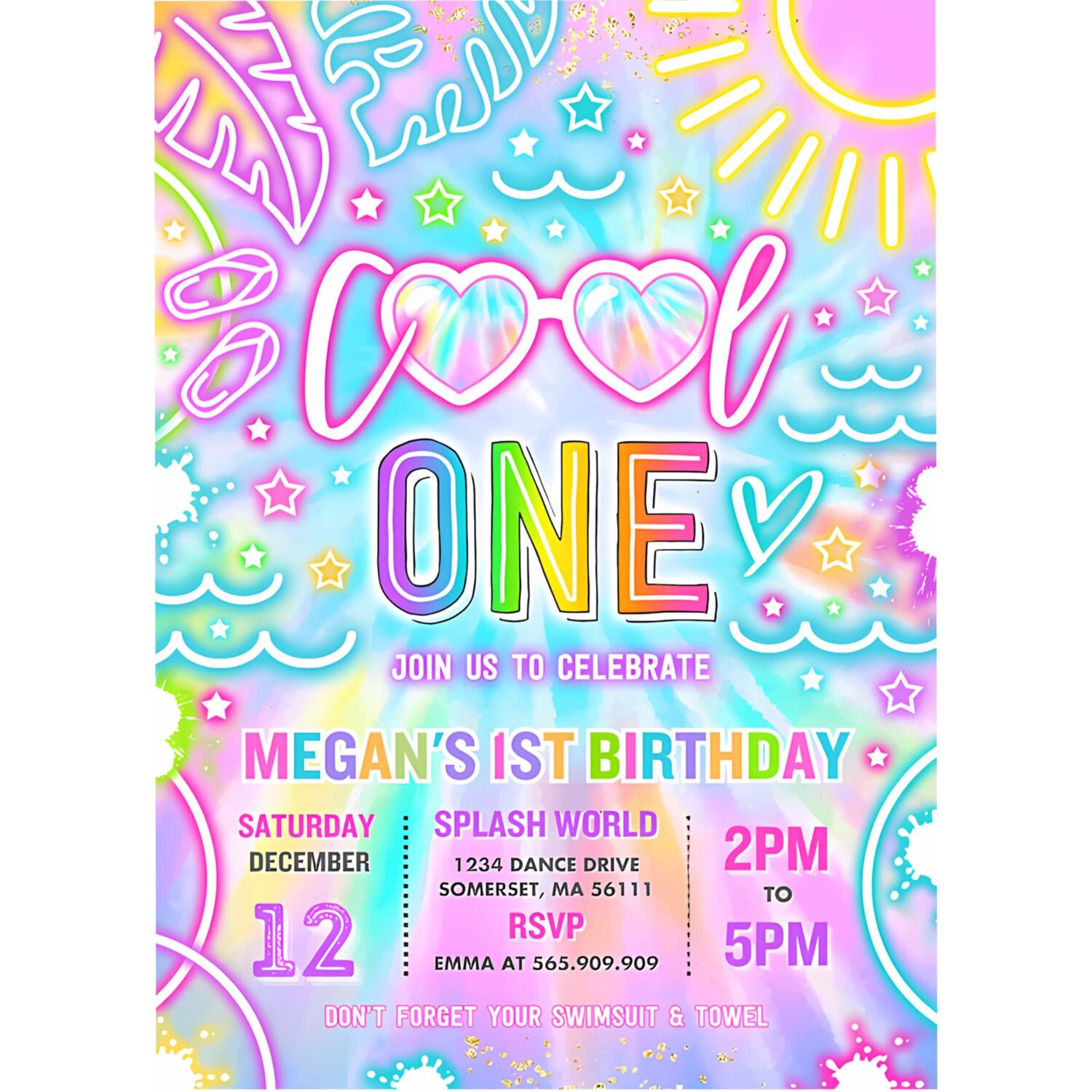 Editable cool one pool 1st birthday party invitation glow neon tie dye summer waterslide waterpark splash pad pool party instant download y3 4