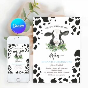 Cow Invitation, Cow Birthday Party Invitation