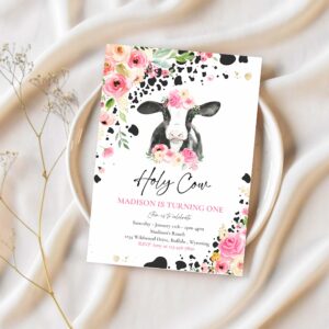 Editable cow birthday party invitation holy cow im one birthday party pink floral farm cow 1st birthday party 1