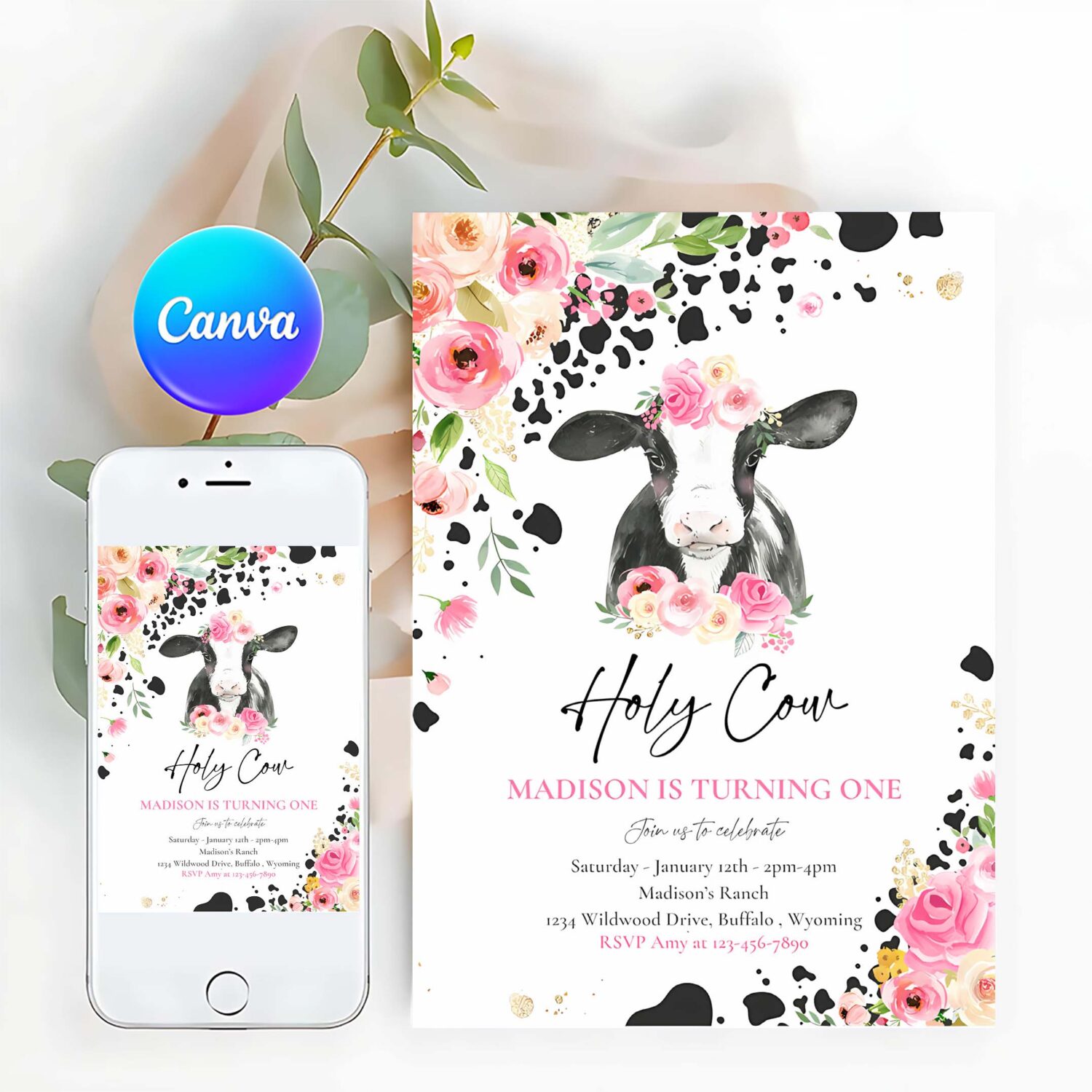 Editable cow birthday party invitation holy cow im one birthday party pink floral farm cow 1st birthday party