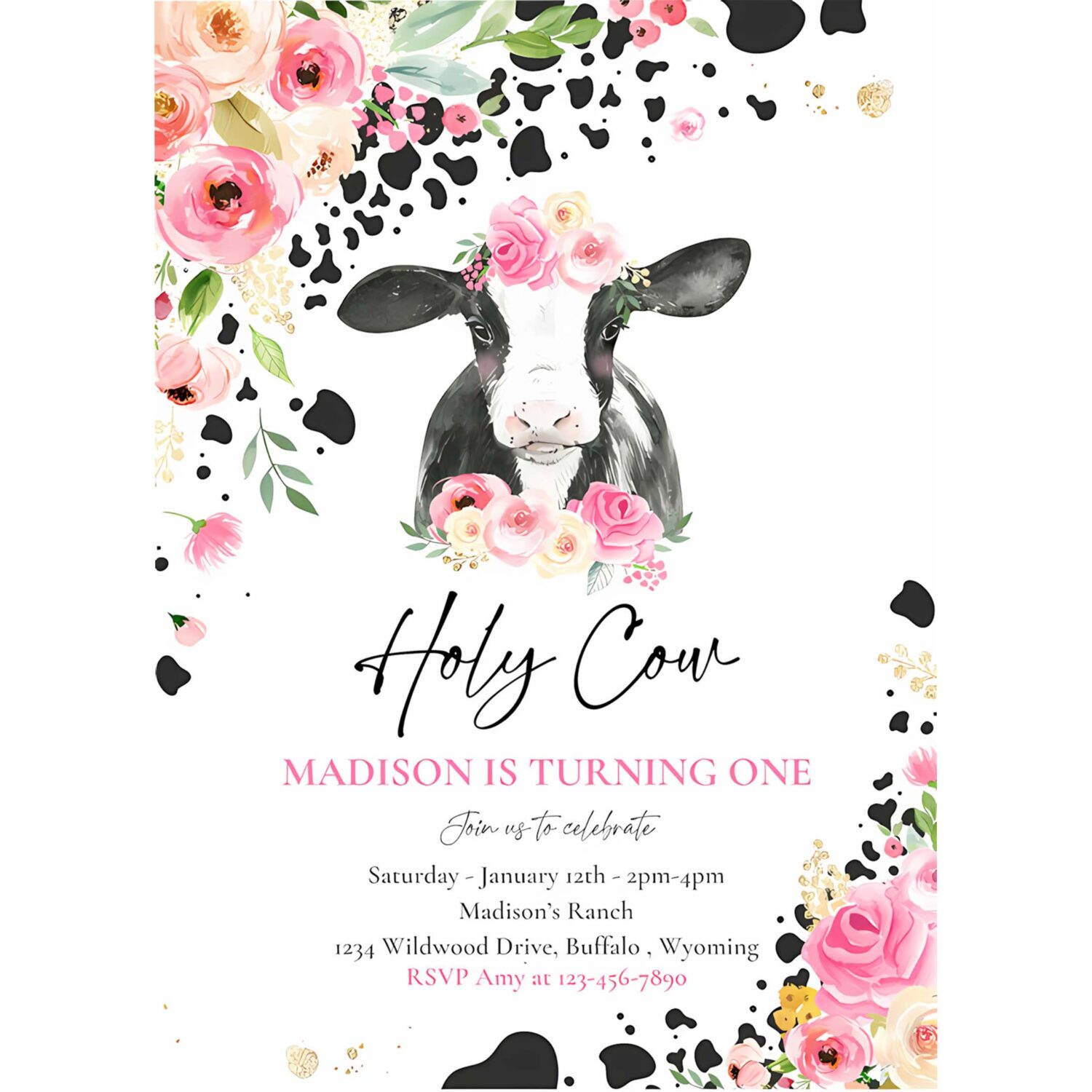 Editable cow birthday party invitation holy cow im one birthday party pink floral farm cow 1st birthday party 4