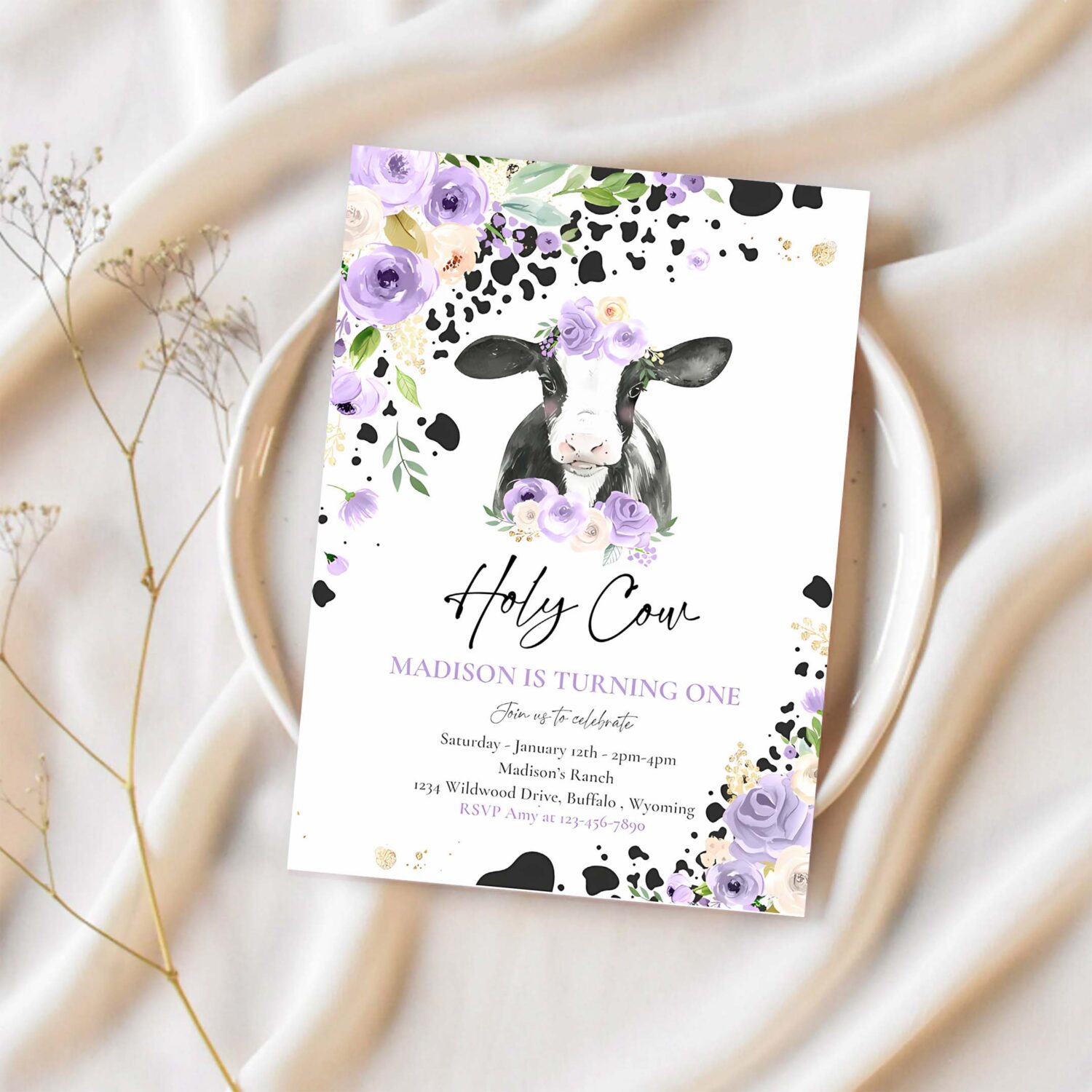 Editable cow birthday party invitation holy cow im one birthday party purple lilac floral farm cow 1st birthday party 1
