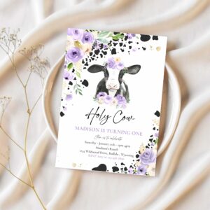Editable cow birthday party invitation holy cow im one birthday party purple lilac floral farm cow 1st birthday party 1