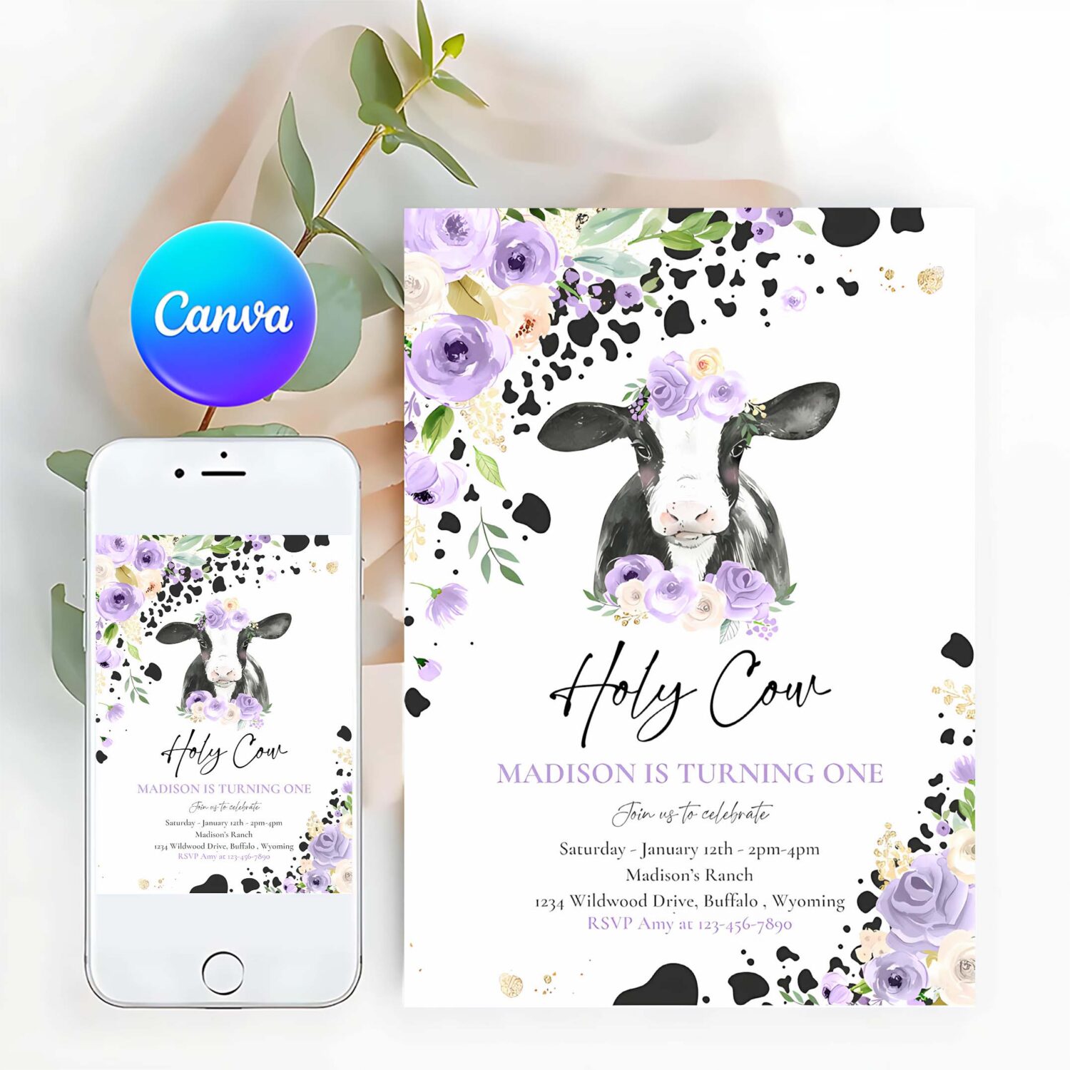 Editable cow birthday party invitation holy cow im one birthday party purple lilac floral farm cow 1st birthday party