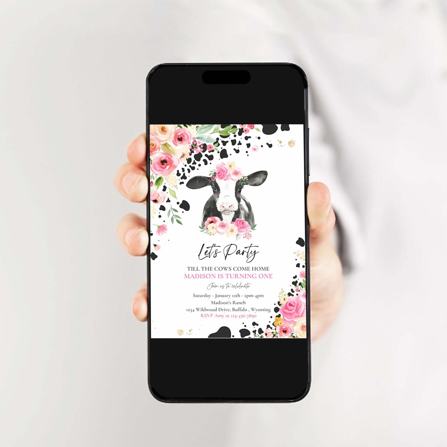 Editable cow birthday party pink invitation lets party till the cow come home birthday party floral farm cow birthday party 2