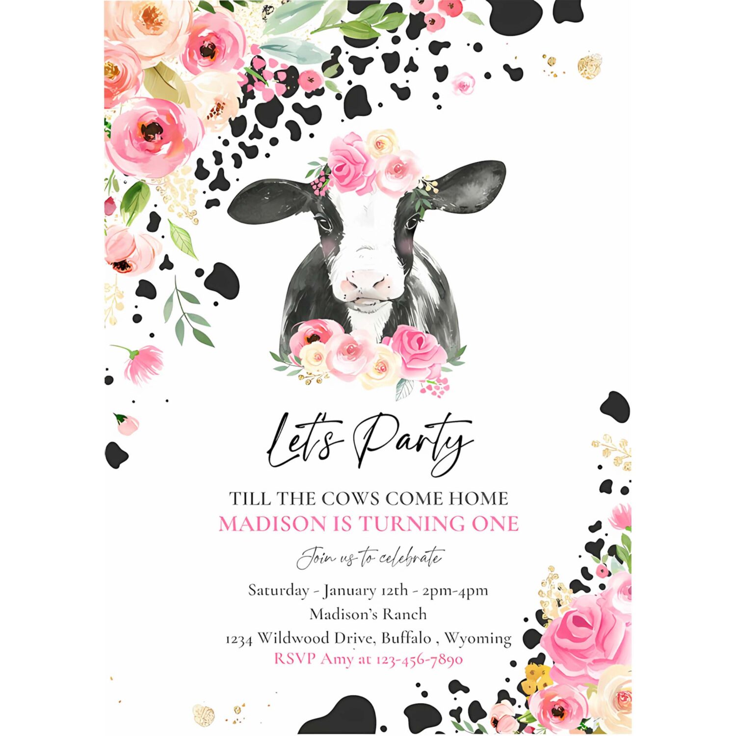 Editable cow birthday party pink invitation lets party till the cow come home birthday party floral farm cow birthday party 4