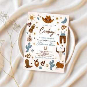 Editable cowboy baby shower invitation a little cowboy is coming to town wild west rodeo southwestern ranch baby shower instant download cw 1