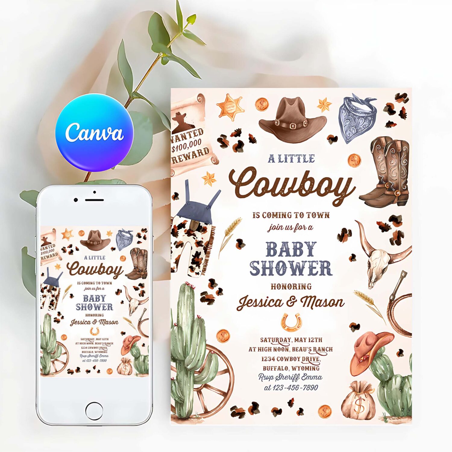 Editable cowboy baby shower invitation a little cowboy is coming to town wild west rodeo southwestern ranch baby shower instant download qo