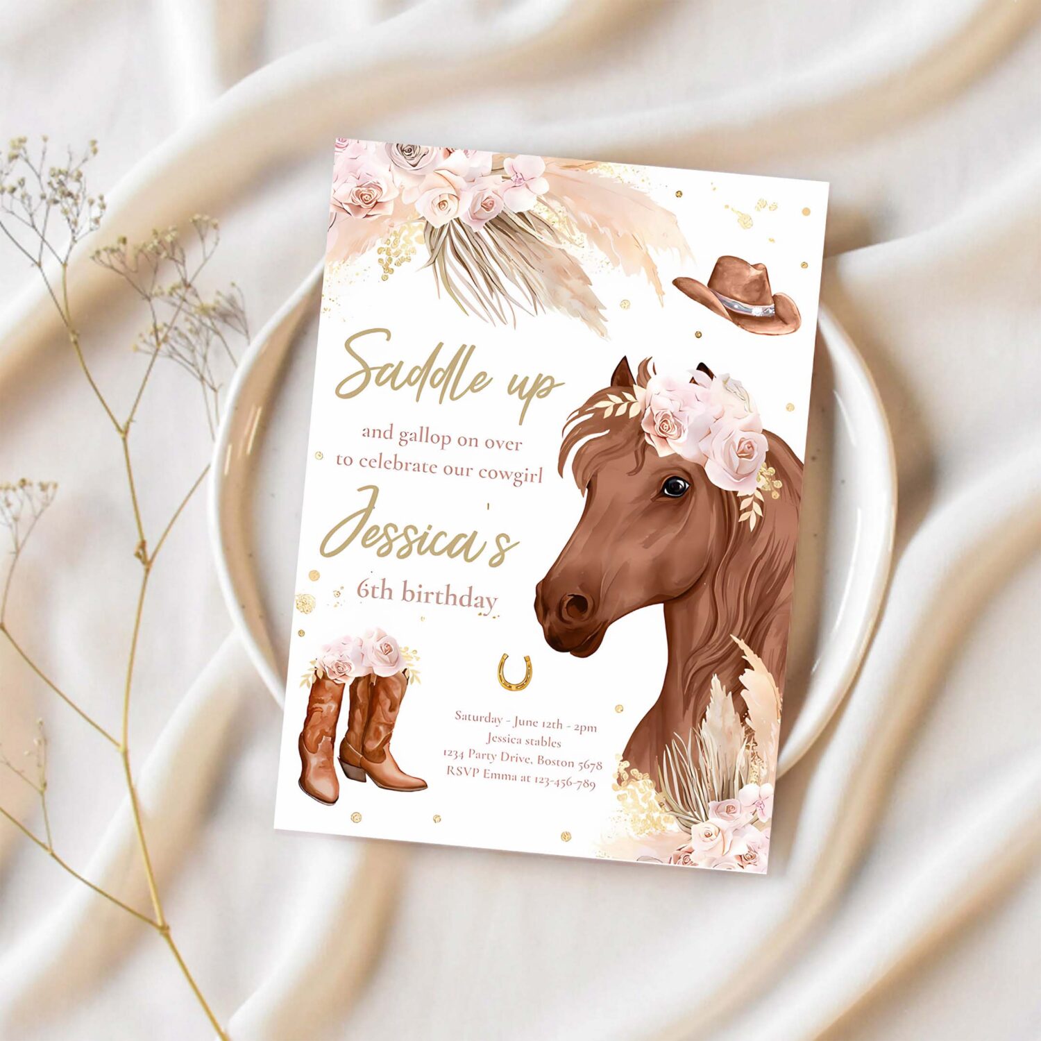 Editable cowgirl birthday invitation boho horse birthday party invite muted pink tone pampas grass cowgirl horse party 1