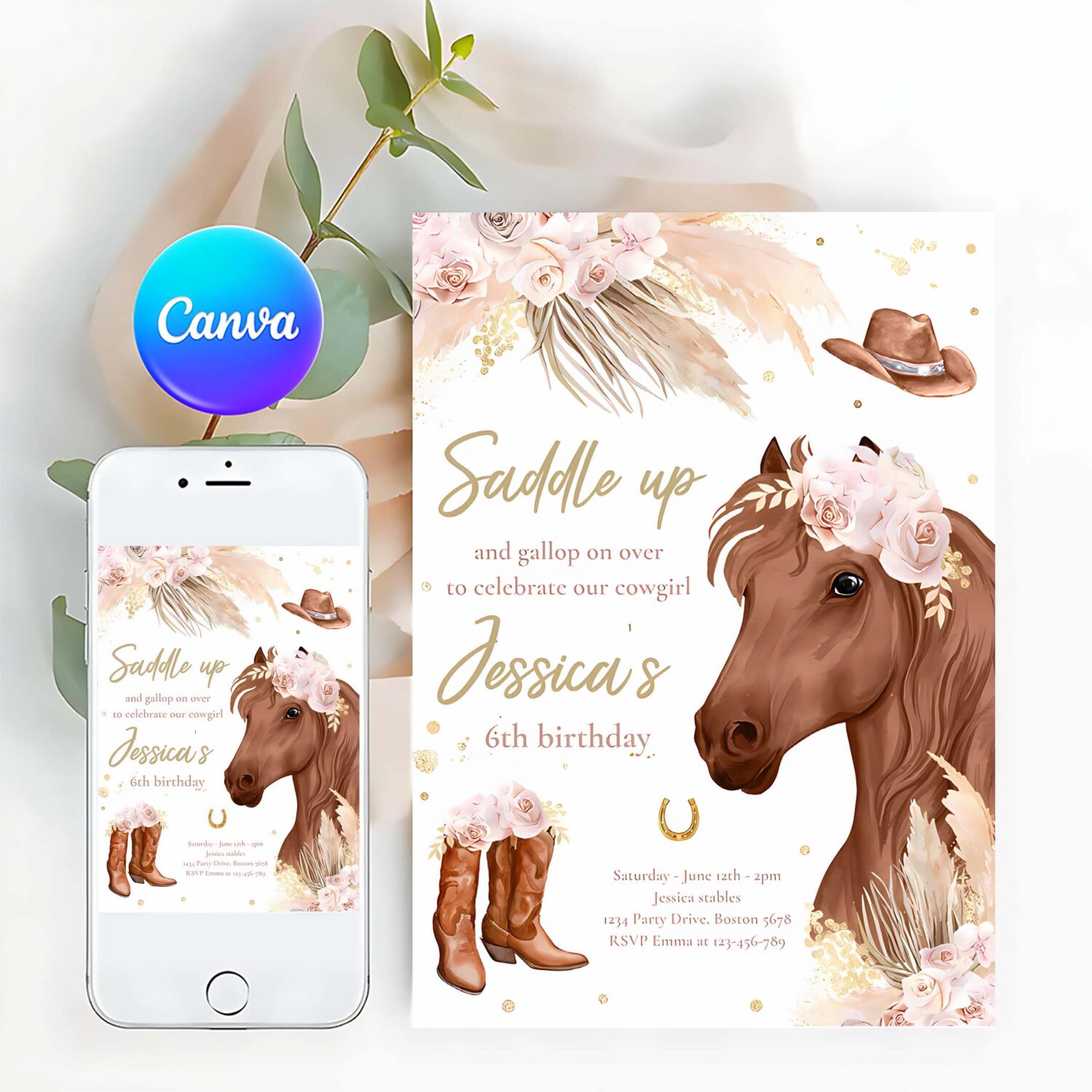 Editable cowgirl birthday invitation boho horse birthday party invite muted pink tone pampas grass cowgirl horse party