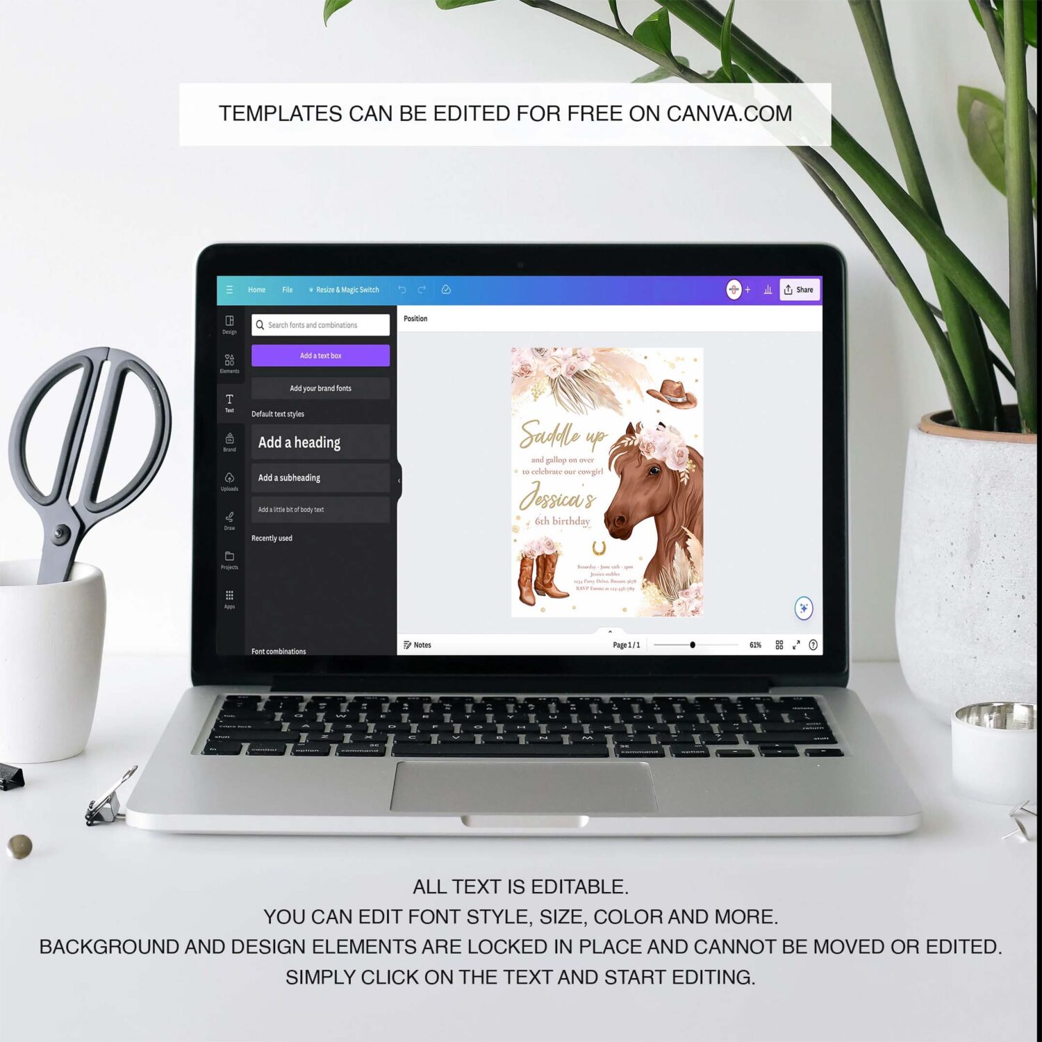 Editable cowgirl birthday invitation boho horse birthday party invite muted pink tone pampas grass cowgirl horse party 3