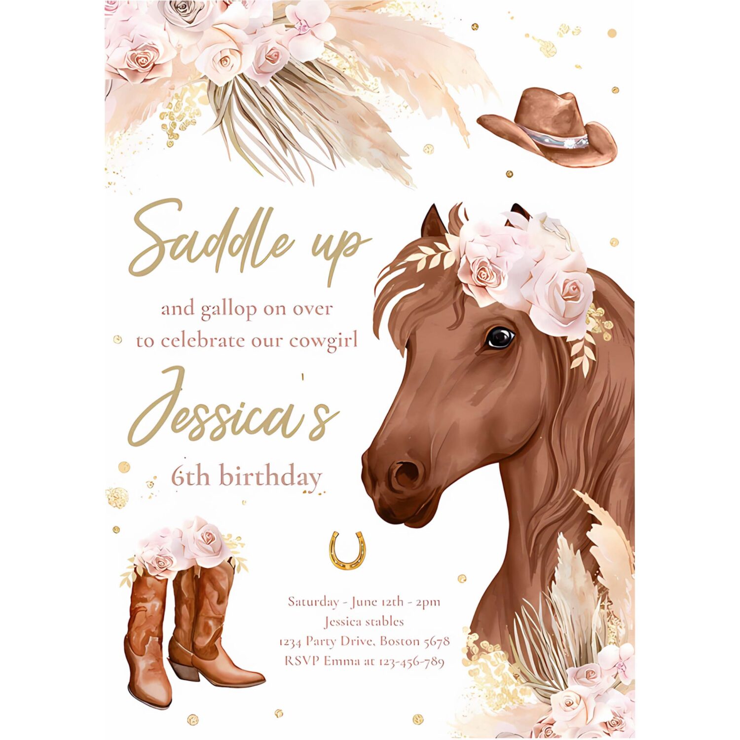 Editable cowgirl birthday invitation boho horse birthday party invite muted pink tone pampas grass cowgirl horse party 4
