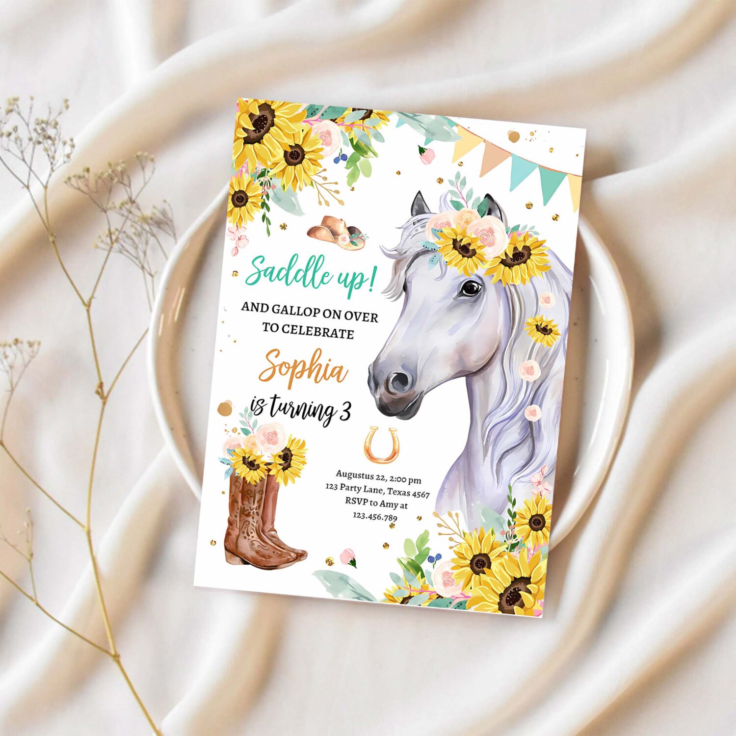 Editable cowgirl birthday invitation girl saddle up watercolor horse party horse birthday sunflowers download printable template corjl 0408 1