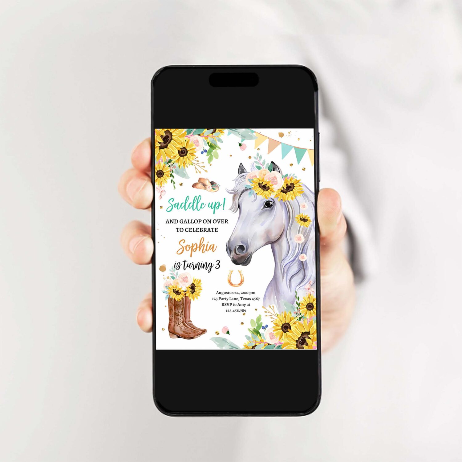 Editable cowgirl birthday invitation girl saddle up watercolor horse party horse birthday sunflowers download printable template corjl 0408 2