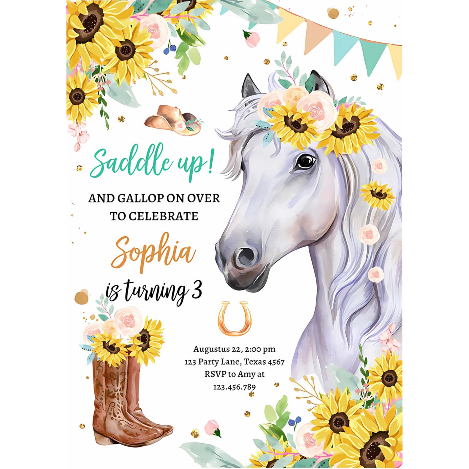 Editable cowgirl birthday invitation girl saddle up watercolor horse party horse birthday sunflowers download printable template corjl 0408 4