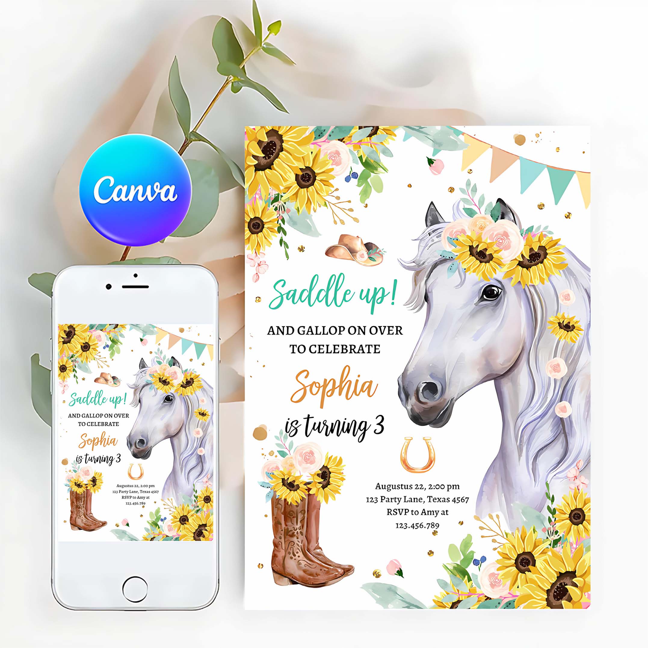 Editable Cowgirl Birthday Invitation Girl Saddle Up Watercolor Horse Party Horse Birthday Sunflowers Download Printable Template Corjl