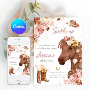 Cowgirl Invitation, Horse Birthday Invitation Wildflower Fall Floral Cowgirl Horse Birthday Invitation