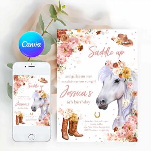 Cowgirl Invitation, Horse Birthday Party Invitation Wildflower Fall Floral Cowgirl Horse Birthday Invitation