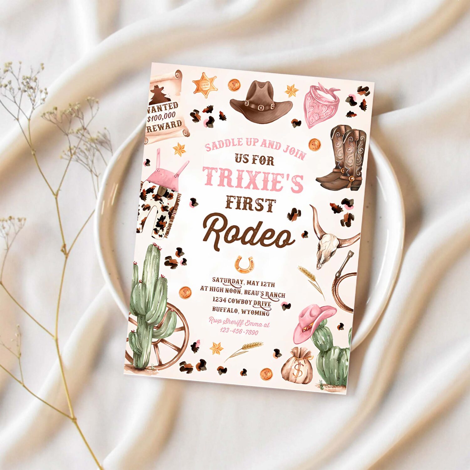 Editable cowgirl birthday party girl invitation wild west cowgirl 1st rodeo birthday party southwestern ranch birthday party 1