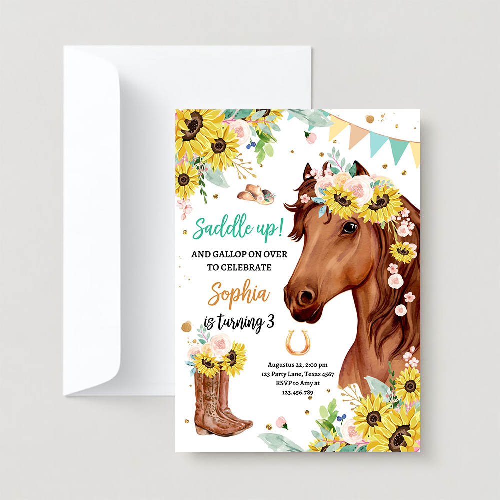 Editable cowgirl birthday party girl saddle up watercolor horse party horse birthday sunflowers download printable template corjl 0408 2