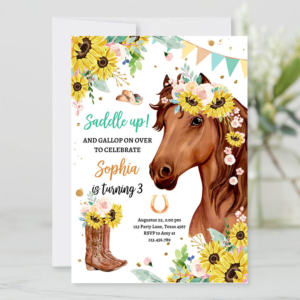 Editable cowgirl birthday party girl saddle up watercolor horse party horse birthday sunflowers download printable template corjl 0408 4