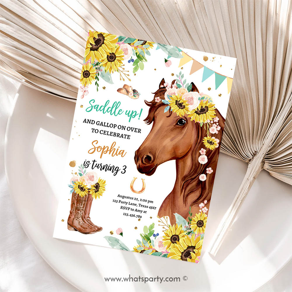 Editable cowgirl birthday party girl saddle up watercolor horse party horse birthday sunflowers download printable template corjl 0408