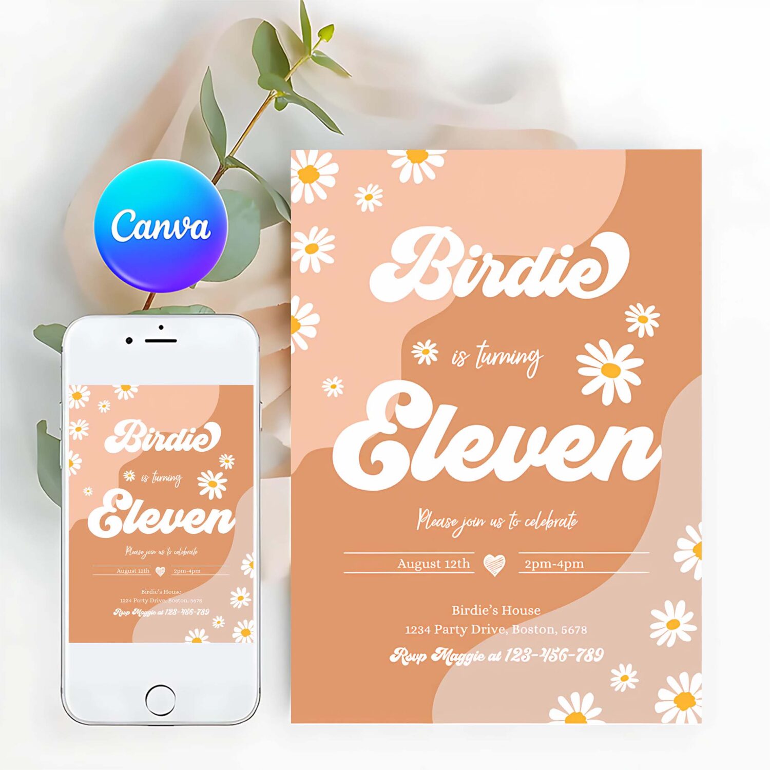 Editable daisy 11th birthday party invitation boho retro groovy floral 70s birthday party hippie festival vibes party