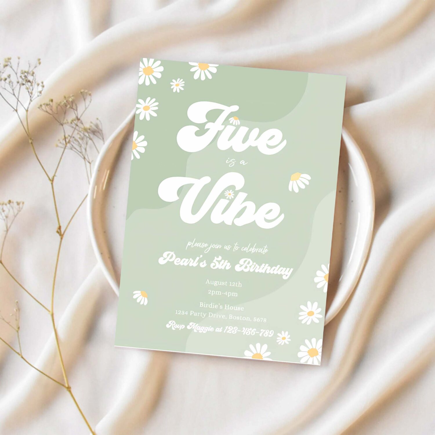 Editable daisy 5th birthday party invitation five is a vibe invitation boho hippie groovy floral 70s birthday party 1