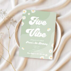 Editable daisy 5th birthday party invitation five is a vibe invitation boho hippie groovy floral 70s birthday party 1