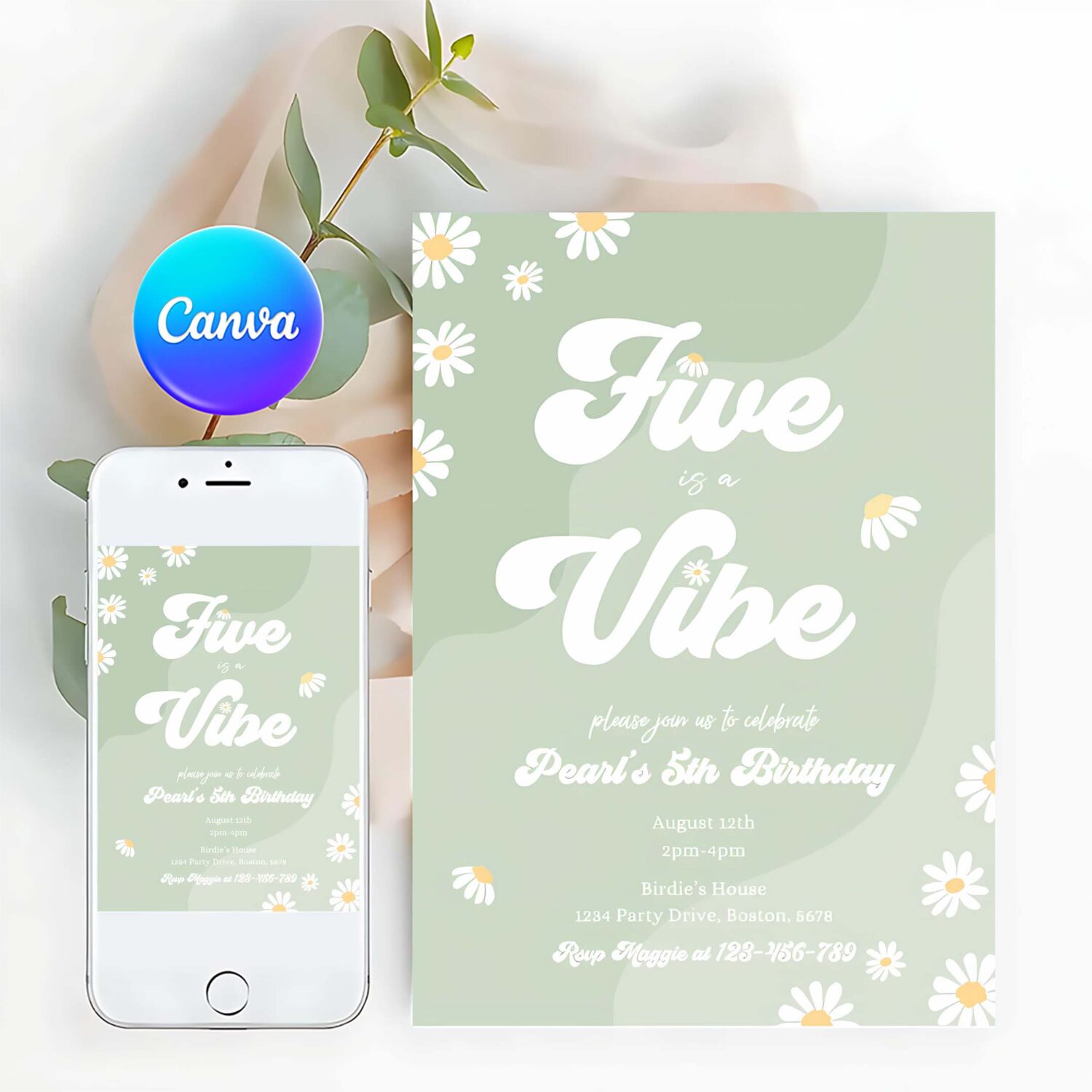 Editable daisy 5th birthday party invitation five is a vibe invitation boho hippie groovy floral 70s birthday party