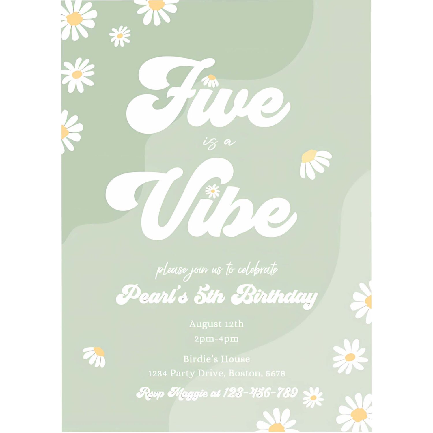 Editable daisy 5th birthday party invitation five is a vibe invitation boho hippie groovy floral 70s birthday party 4