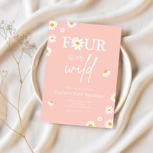 Editable daisy birthday party invitation boho daisy four ever wild 4th birthday bohemian daisy floral groovy party 1