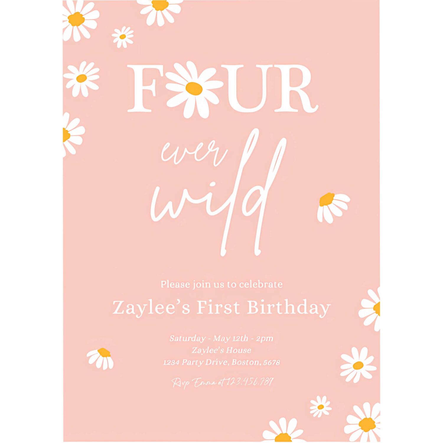Editable daisy birthday party invitation boho daisy four ever wild 4th birthday bohemian daisy floral groovy party 4