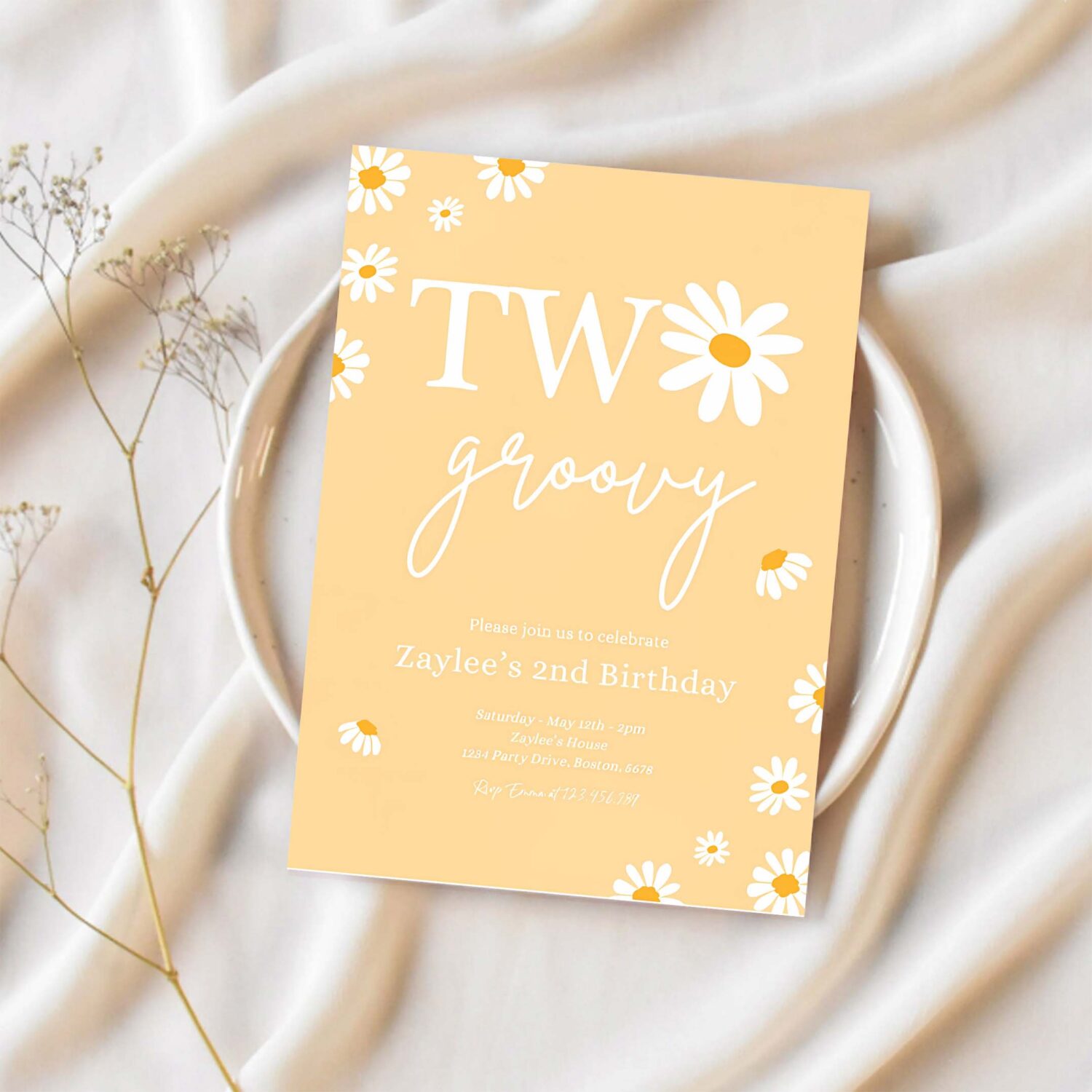 Editable daisy birthday party invitation boho daisy two groovy 2nd birthday party bohemian daisy floral groovy party 1