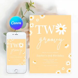 Groovy Invitation, Boho Daisy Two Groovy 2nd Birthday Party Bohemian Daisy Floral Groovy Party Invitation
