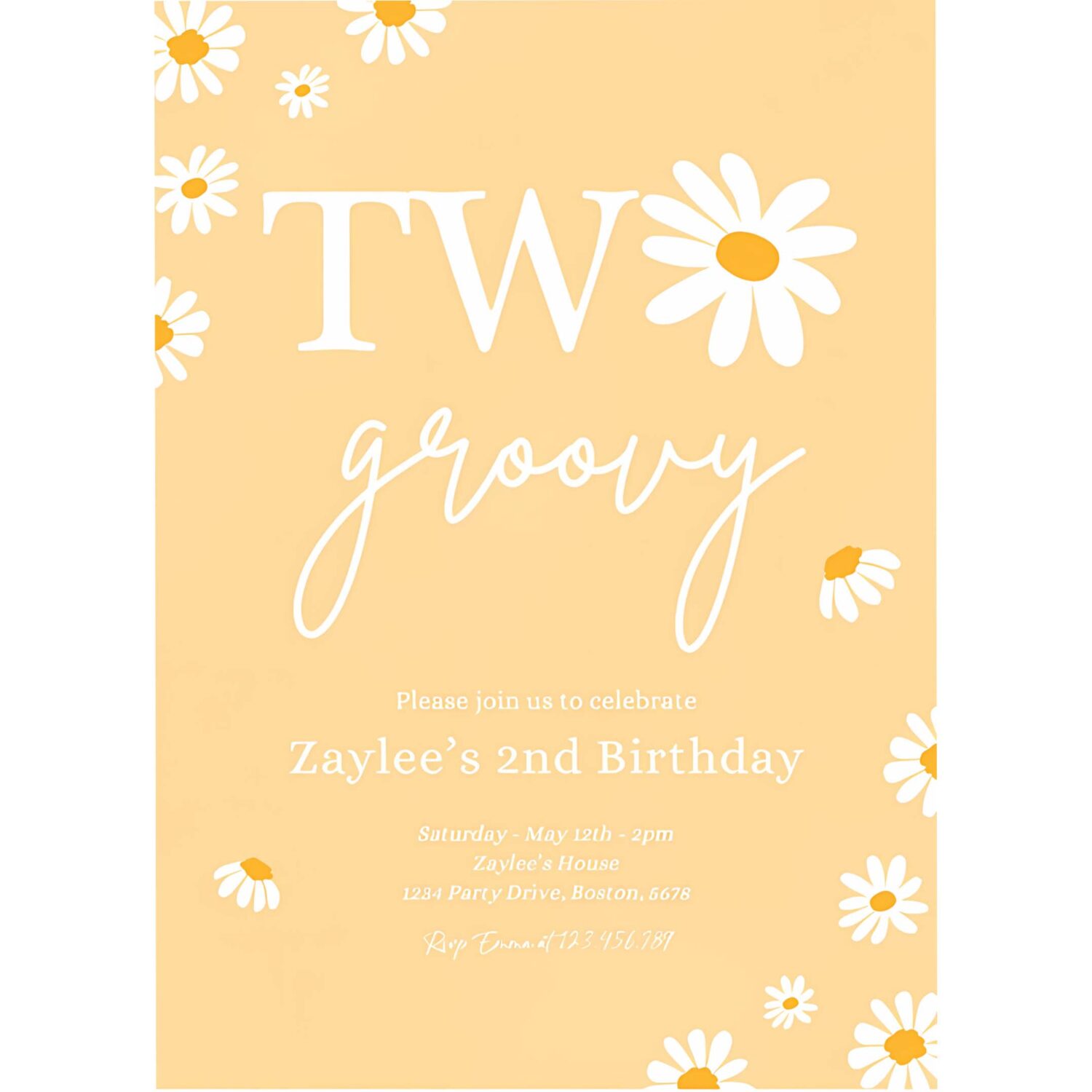 Editable daisy birthday party invitation boho daisy two groovy 2nd birthday party bohemian daisy floral groovy party 4