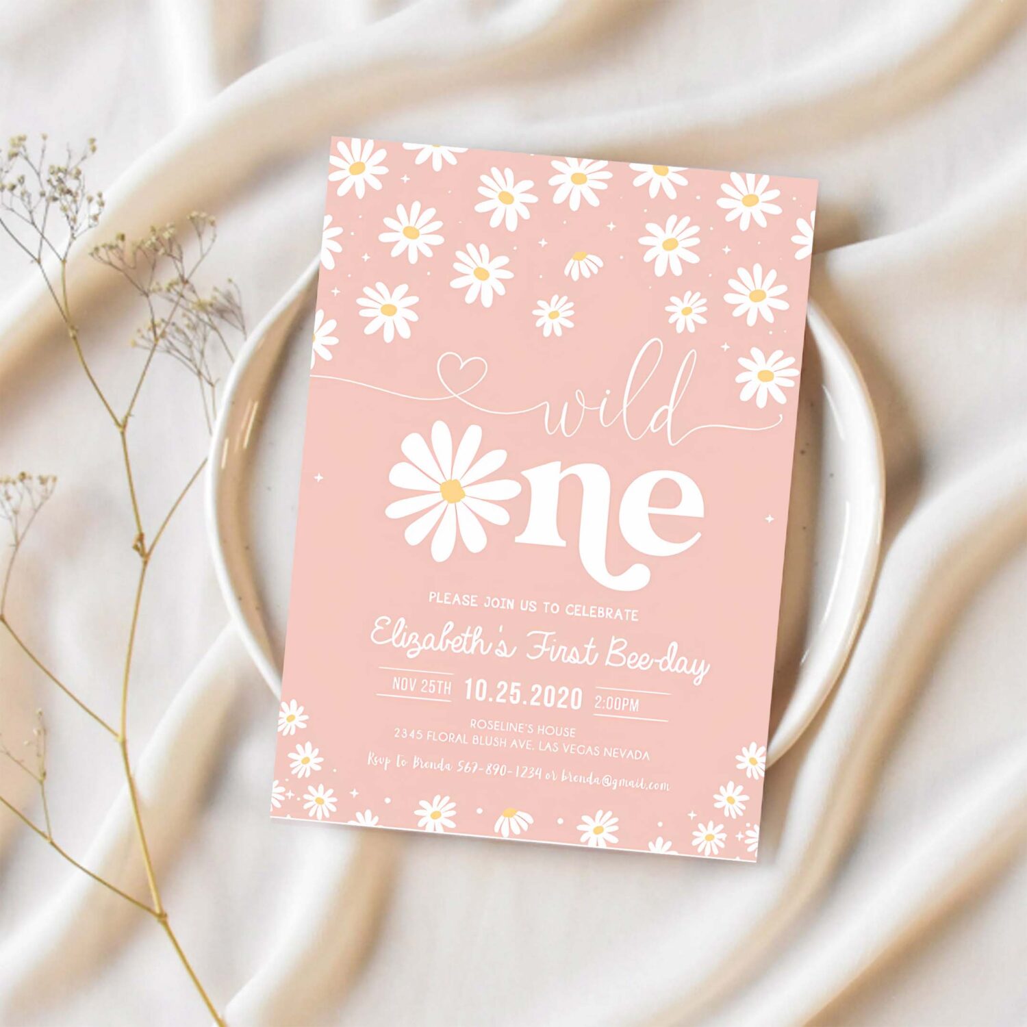 Editable daisy birthday party invitation boho daisy wild one 1st birthday bohemian floral groovy party template 1