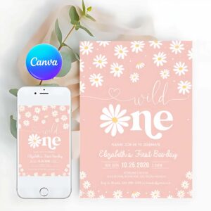 Groovy Invitation, Boho Daisy Wild One 1st Birthday Bohemian Floral Groovy Party Invitation