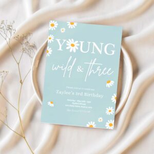 Editable daisy birthday party invitation boho daisy young wild three 3rd birthday bohemian daisy floral groovy party 1