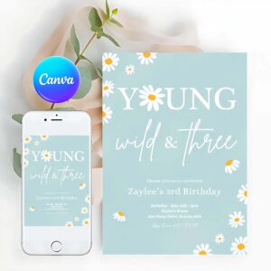 Groovy Invitation, Boho Daisy Young Wild & Three 3rd Birthday Bohemian Daisy Floral Groovy Party Invitation