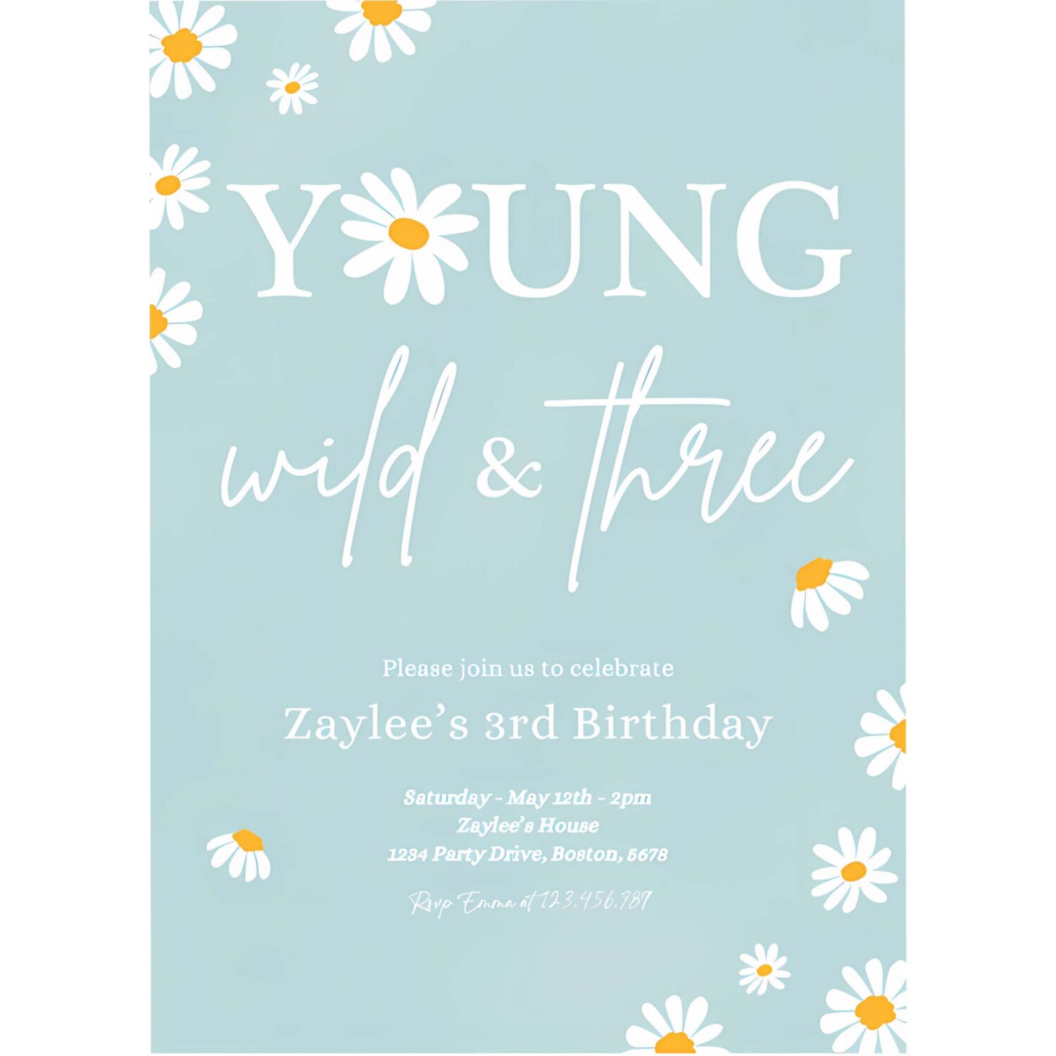 Editable daisy birthday party invitation boho daisy young wild three 3rd birthday bohemian daisy floral groovy party 4