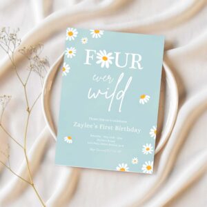 Editable daisy birthday party invitation boho four ever wild 4th birthday bohemian daisy floral groovy party 1