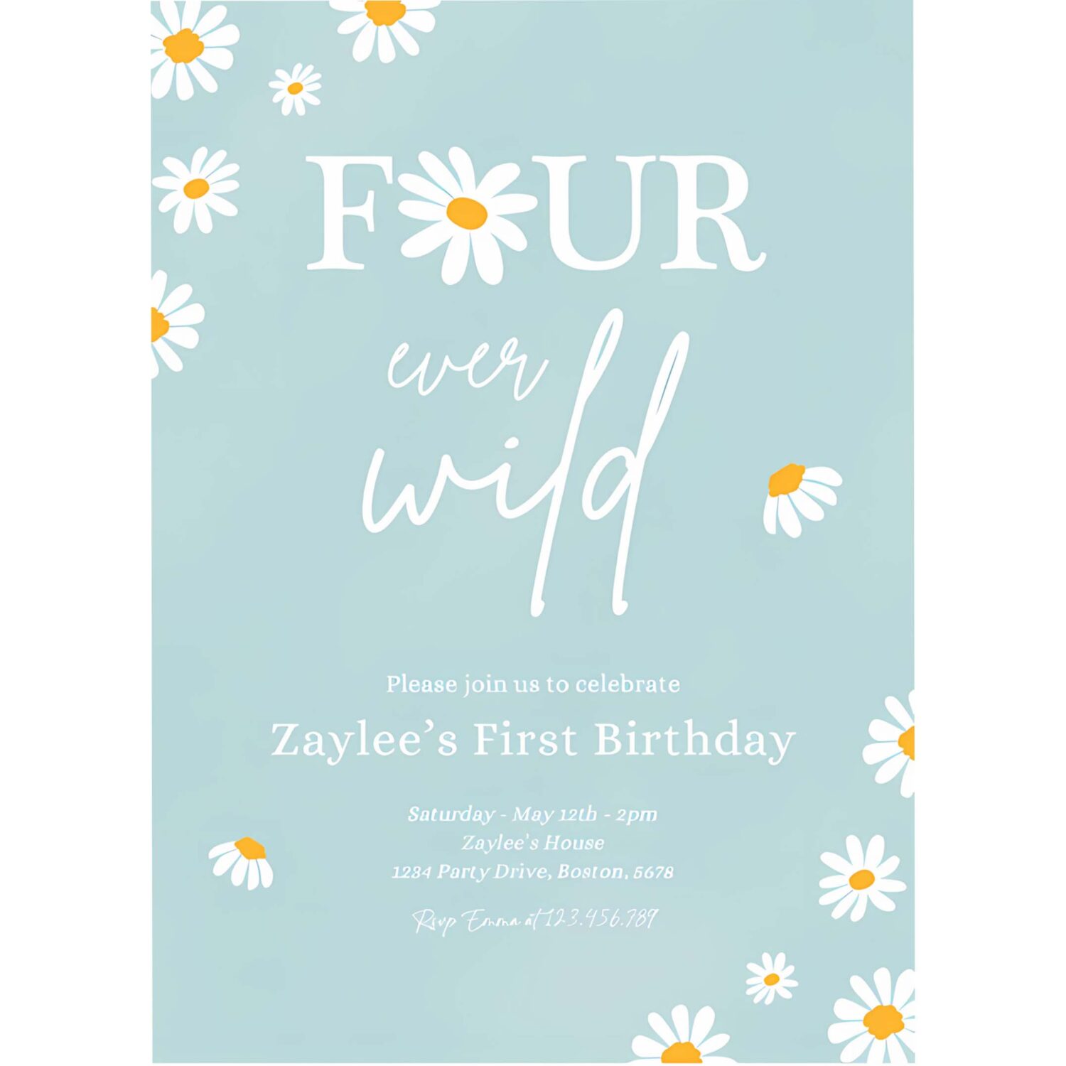 Editable daisy birthday party invitation boho four ever wild 4th birthday bohemian daisy floral groovy party 4