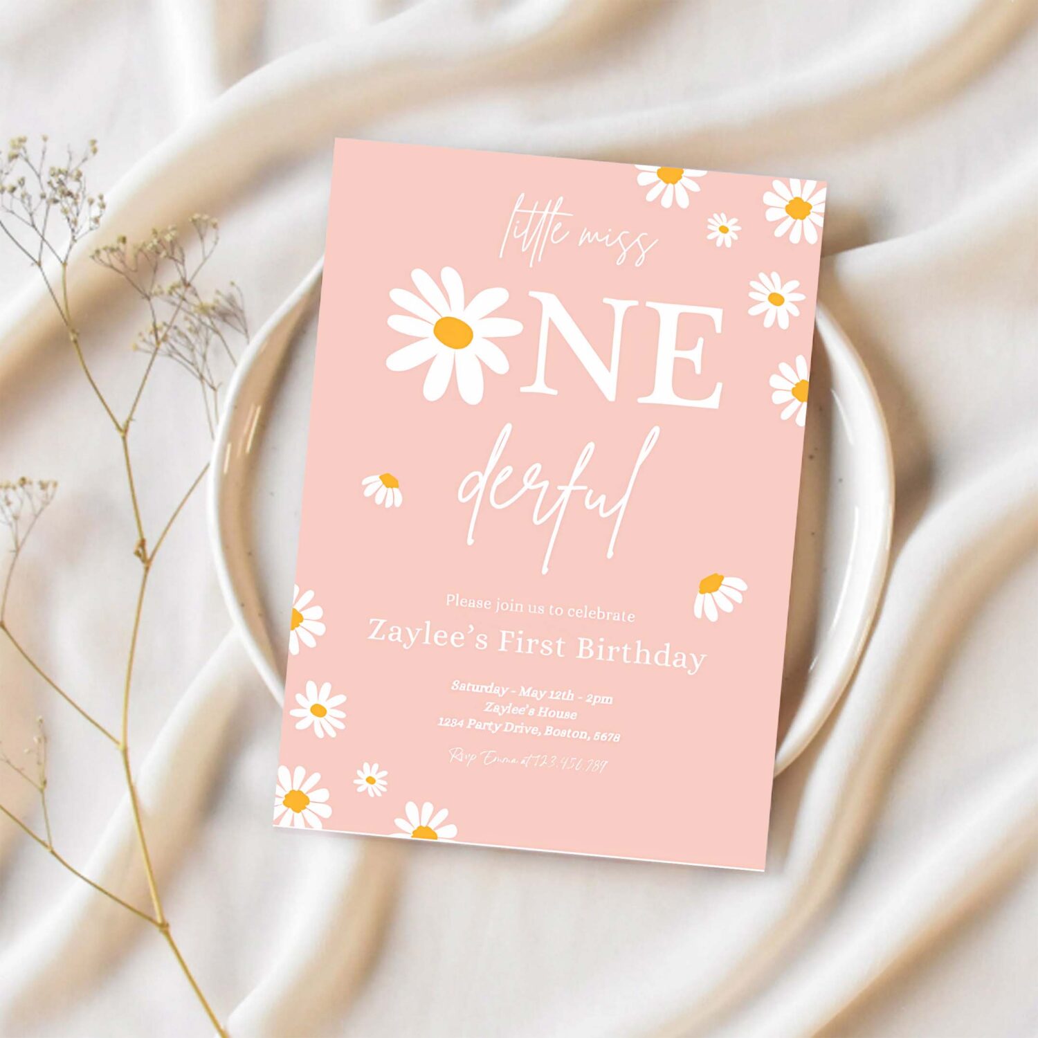 Editable daisy birthday party invitation boho little miss one derful 1st birthday bohemian daisy floral groovy party 1