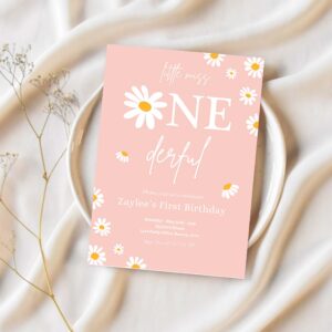 Editable daisy birthday party invitation boho little miss one derful 1st birthday bohemian daisy floral groovy party 1