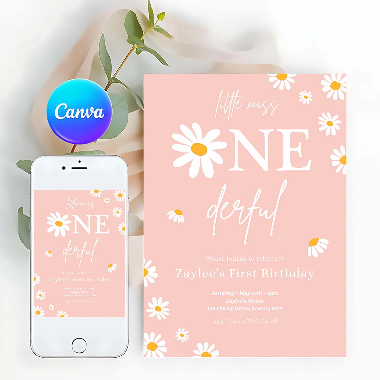 Editable daisy birthday party invitation boho little miss one derful 1st birthday bohemian daisy floral groovy party